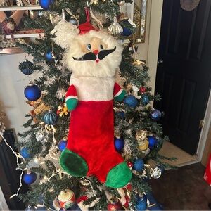 Vintage Christmas Stocking Santa w/mustache 22" long x 12" blue plastic eyes